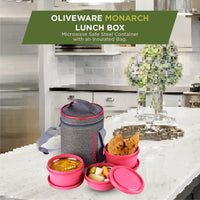 Oliveware Monarch Lunch Box, Microwave Safe & Leak Proof, 3 Inside Steel Containers with BPA Free Airtight Lids (290ml, 450ml & 450ml), Fabric Bag - Pink