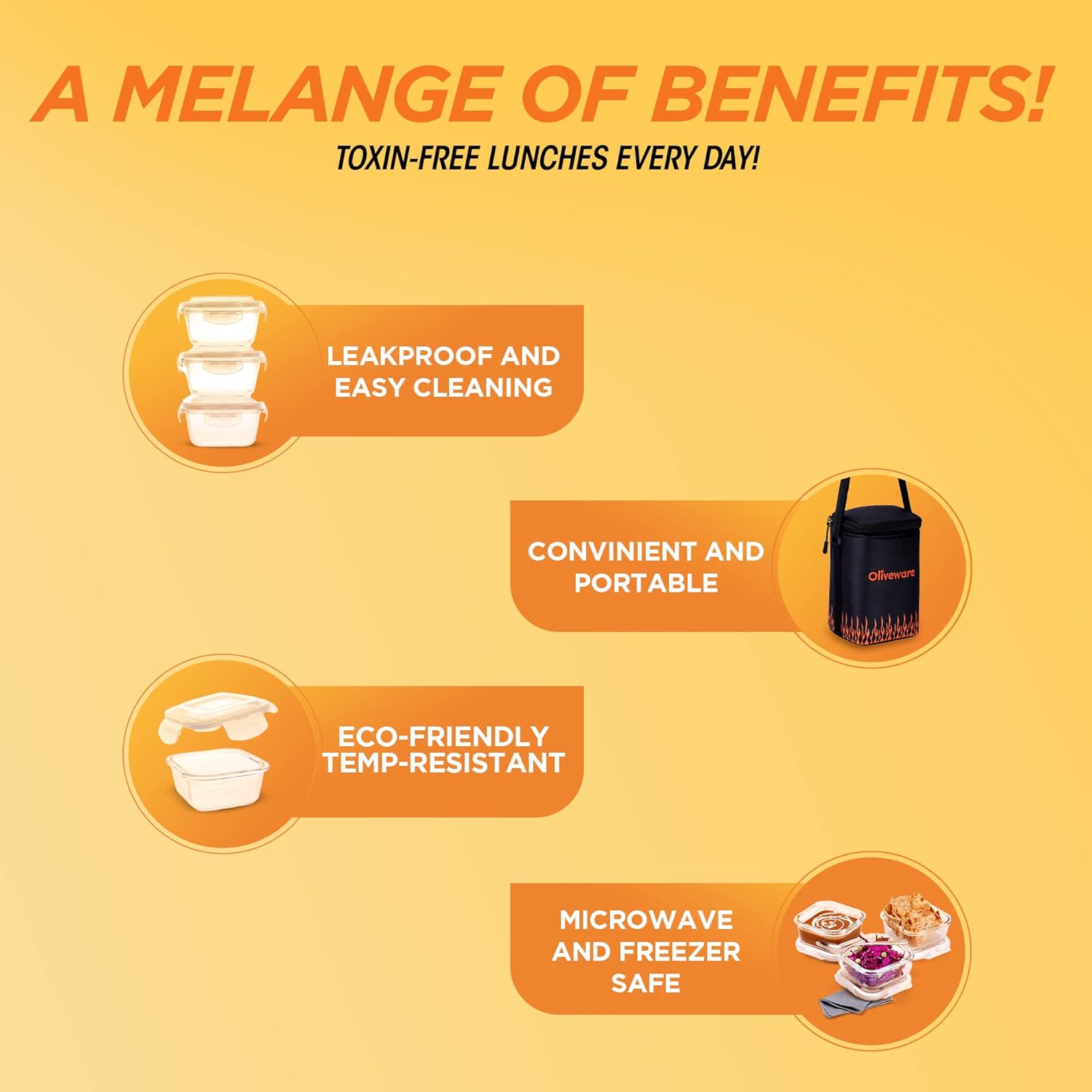 SOPL-OLIVEWARE Pablo Glassware Lunchbox, Napkin & Steel Spoon, Borosilicate Glass & Microwave Proof, 3 Container (320ml), Safety Lock Airtight Square Tiffin Storage Container- Blk_Org