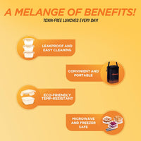 SOPL-OLIVEWARE Pablo Glassware Lunchbox, Napkin & Steel Spoon, Borosilicate Glass & Microwave Proof, 3 Container (320ml), Safety Lock Airtight Square Tiffin Storage Container- Blk_Org