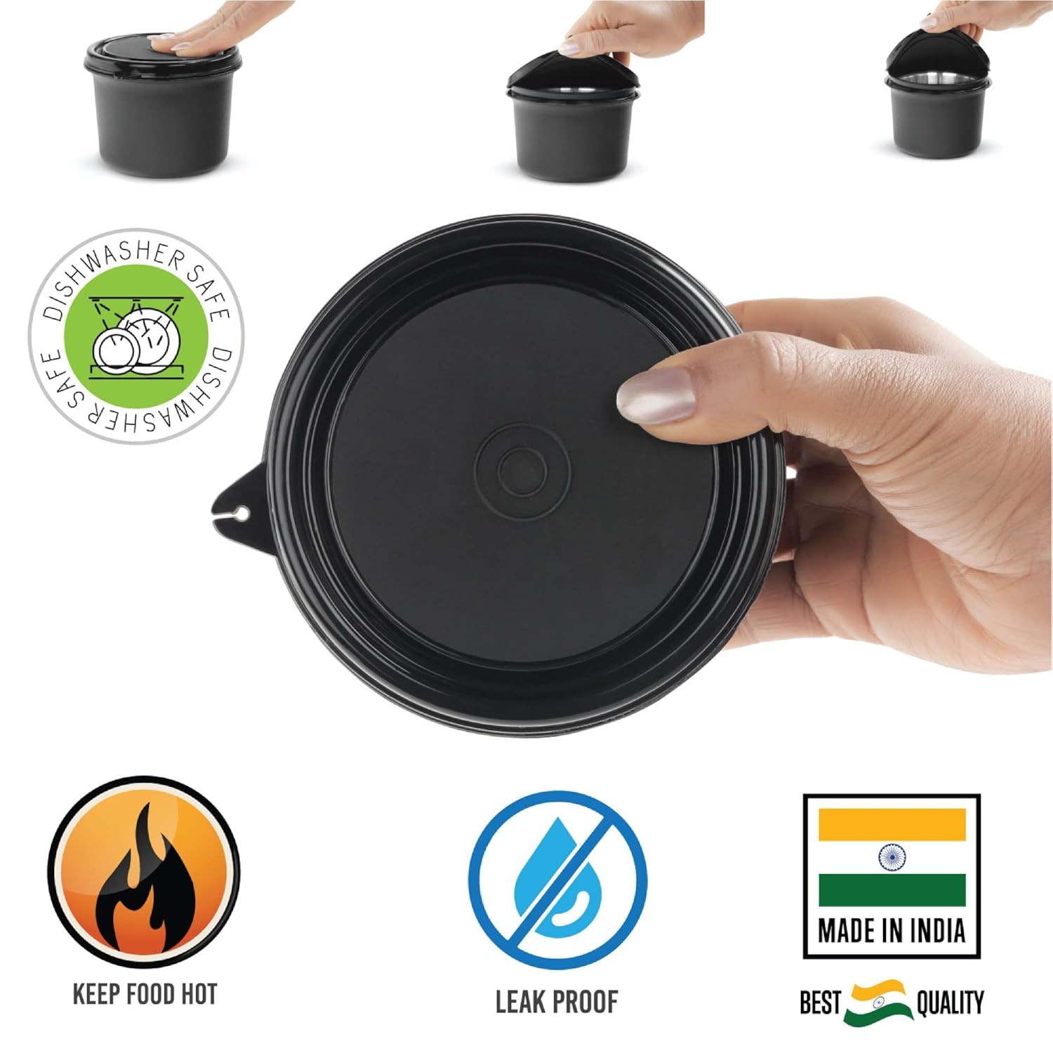 oliveware Benny Microwave Containers with BPA Free Airtight Lid, Stainless Steel Container, Leak Proof, Home & Office Use, Set of 2 (600ml) - Black