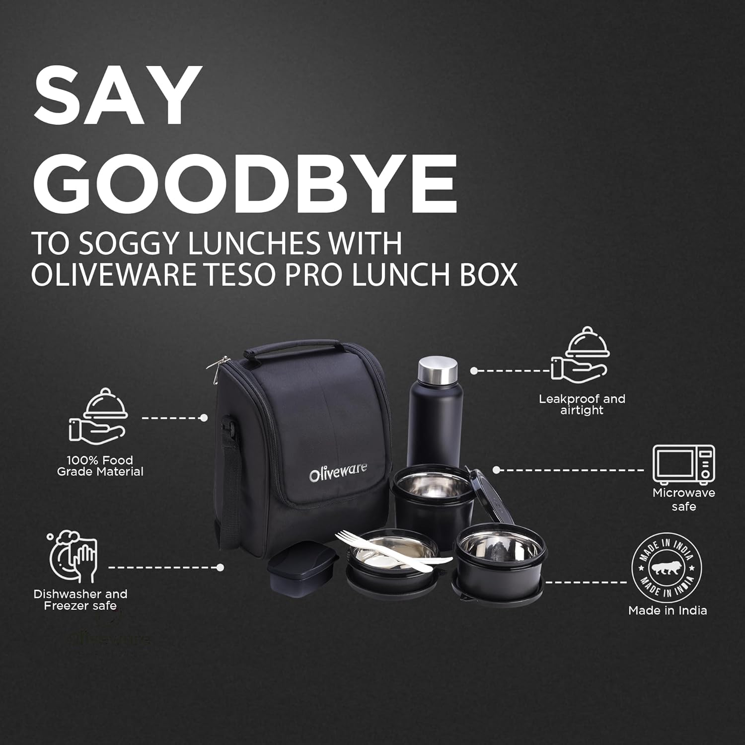 SOPL-OLIVEWARE Teso Lunch Box With Plastic Cutlery,3 Microwave Safe Inner Steel Containers With Bpa Free Lids(290Ml,450Ml&600Ml)Plastic Pickle Box(130Ml)Steel Water Bottle(750Ml)-Black,290 Milliliter