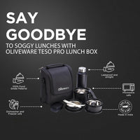 SOPL-OLIVEWARE Teso Elite Pro Lunch Box with Steel Cutlery, 3 Microwave Safe Inside Steel Containers(290ml, 450ml & 600ml),Plastic Pickle Box (130ml),Steel Water Bottle(750ml)