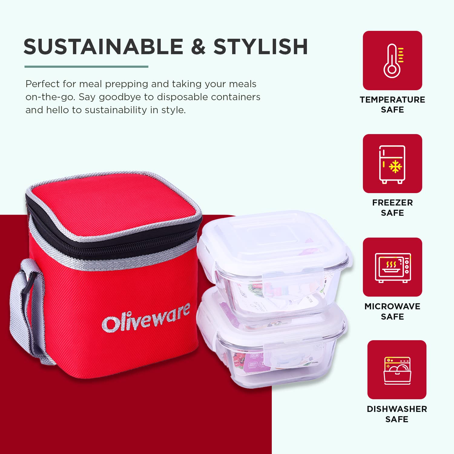 SOPL-OLIVEWARE Deluxe Glassware Lunchbox, Borosilicate Glass, Microwave & Freezer Safe, 2 containers with BPA Free Airtight Lids (320ml) - Red
