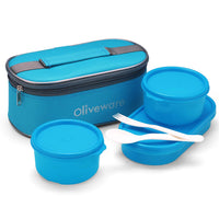 oliveware Double Decker Lunch Box Tiffin, 3 Containers with Plastic Spoon & Fork (300ml, 300ml & 450ml), 100% Leak Proof & BPA Free - Blue
