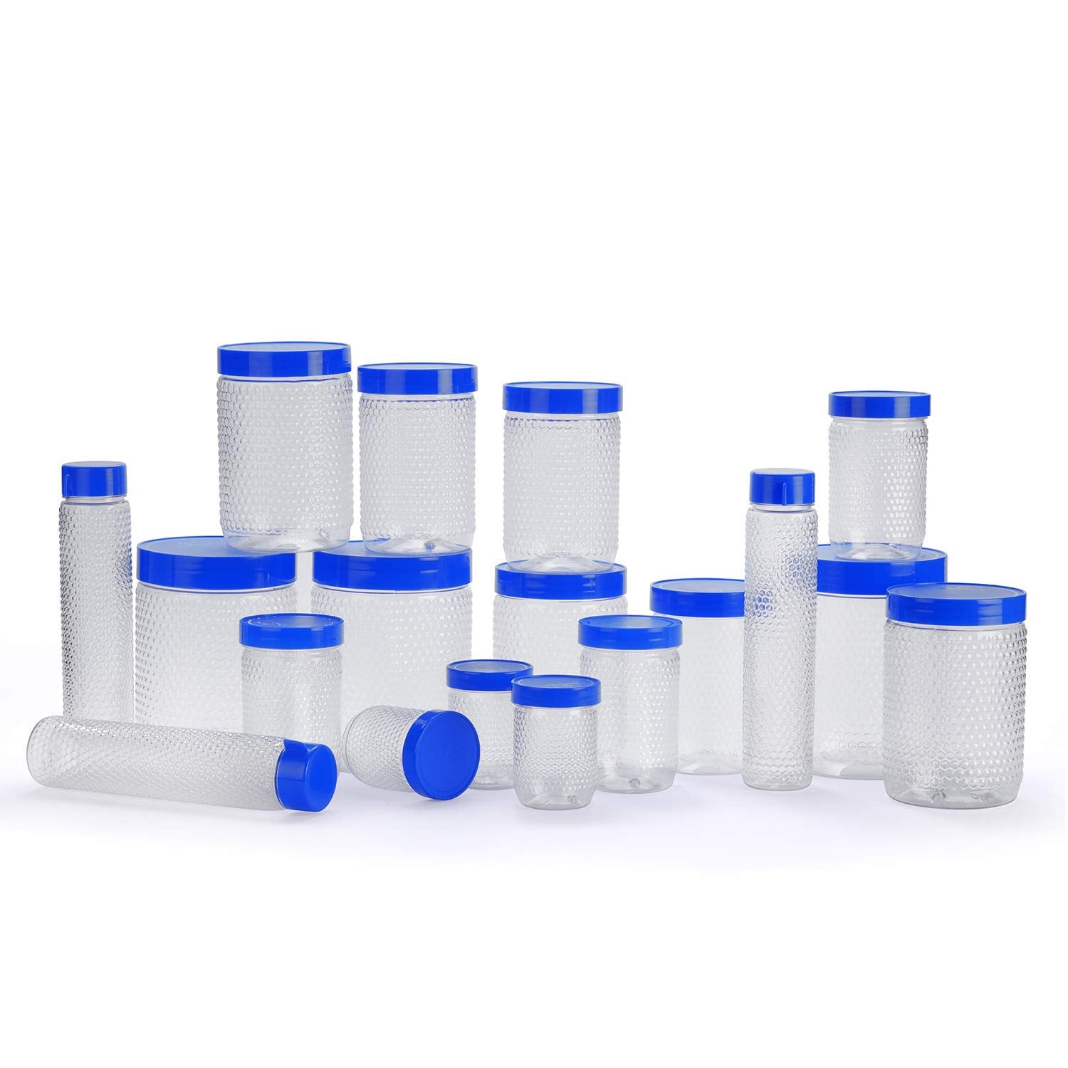 oliveware Honeycomb Range Kitchen Container, Air Tight Storage with Fridge Bottles, BPA Free, Set of 18 (15 Boxes + 3 Water Bottles) - Blue