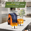 oliveware Macho Stainless Steel Range Lunch Box, 100% Leak Proof, 3 Air-Tight Containers with BPA Free Airtight Lids (250ml, 400ml & 450ml), Fabric Bag - Orange