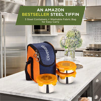 oliveware Macho Stainless Steel Range Lunch Box, 100% Leak Proof, 3 Air-Tight Containers with BPA Free Airtight Lids (250ml, 400ml & 450ml), Fabric Bag - Orange