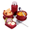 Oliveware Octavia Lunchbox, Microwave Safe, 2 Inside Steel containers (2x450ml), Plastic Pickle Box (130ml), Steel Bottle (450ml), Steel Cutlery & Napkin, Fabric Bag - Red