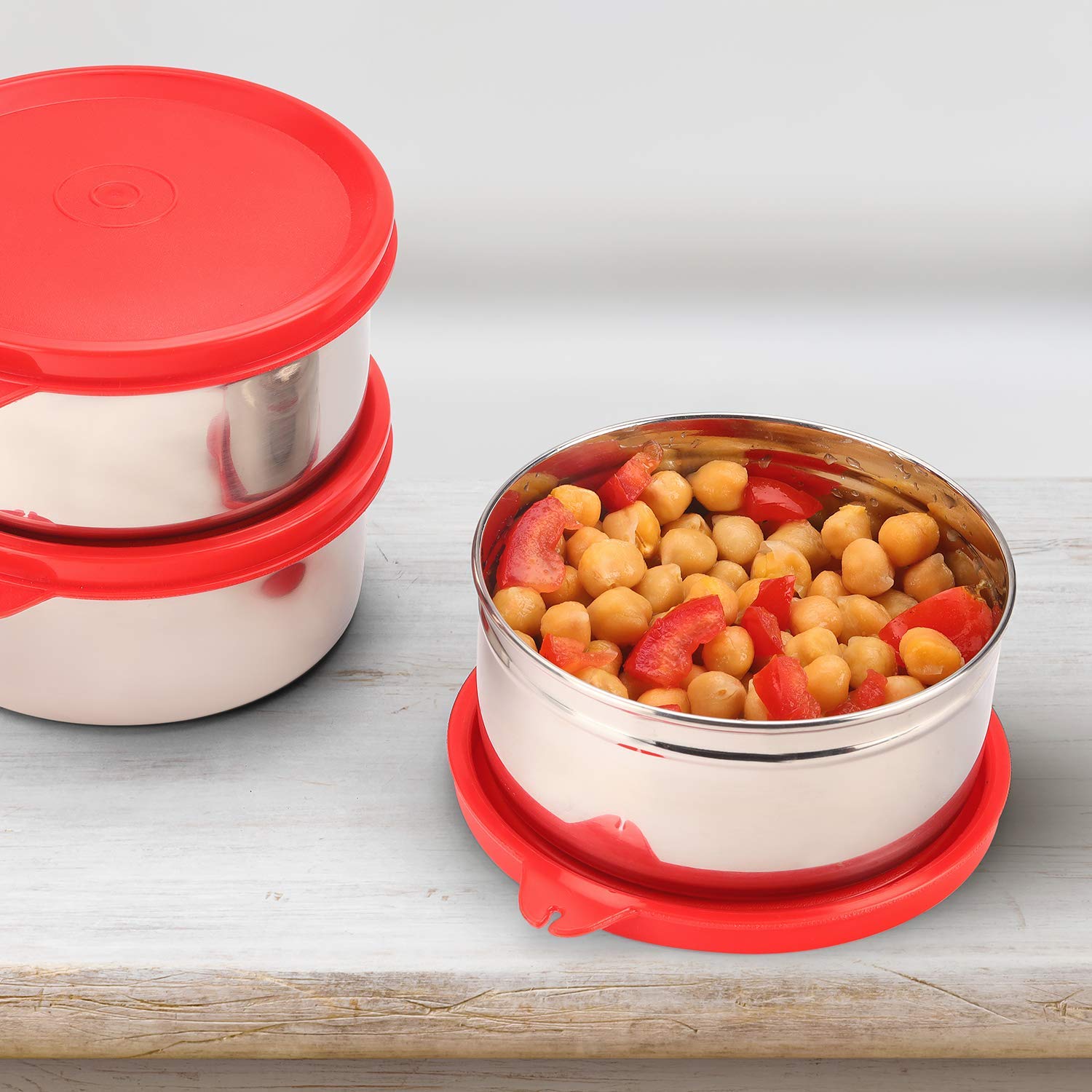 oliveware Magic Storage Containers, 100% Leak Proof and Spill Proof, 2 Stainless Steel Containers with BPA Free Airtight Lid (450ml Each) - Red