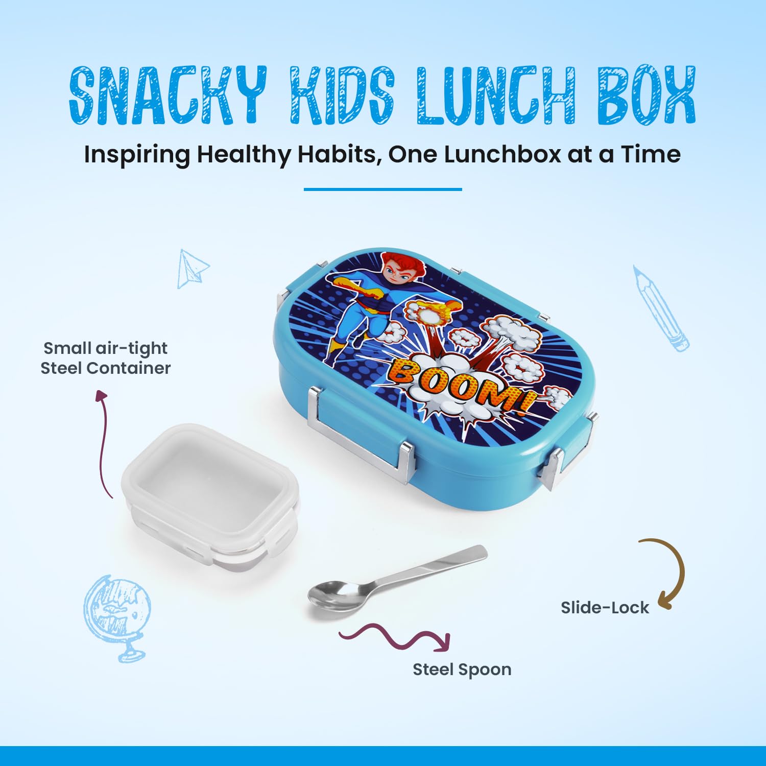 Oliveware Snacky Kids Lunch Box, Stainless Steel in 700ml Include Sabzi Container(180ml) & Steel Spoon, Food Grade BPA Free, Leak Proof & Colourful Designs (Blue)