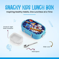 Oliveware Snacky Kids Lunch Box, Stainless Steel in 700ml Include Sabzi Container(180ml) & Steel Spoon, Food Grade BPA Free, Leak Proof & Colourful Designs (Blue)