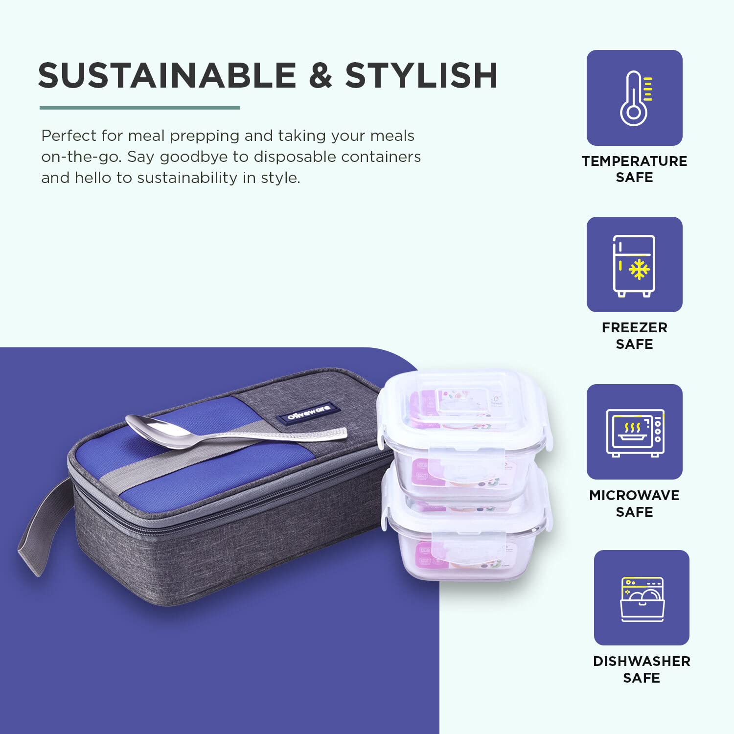 SOPL-OLIVEWARE Freshco Glassware Lunchbox, Borosilicate Glass & Microwave Proof, Safety Lock Airtight Lid, 2 Container with Steel Spoon (320ml) Each - Blue