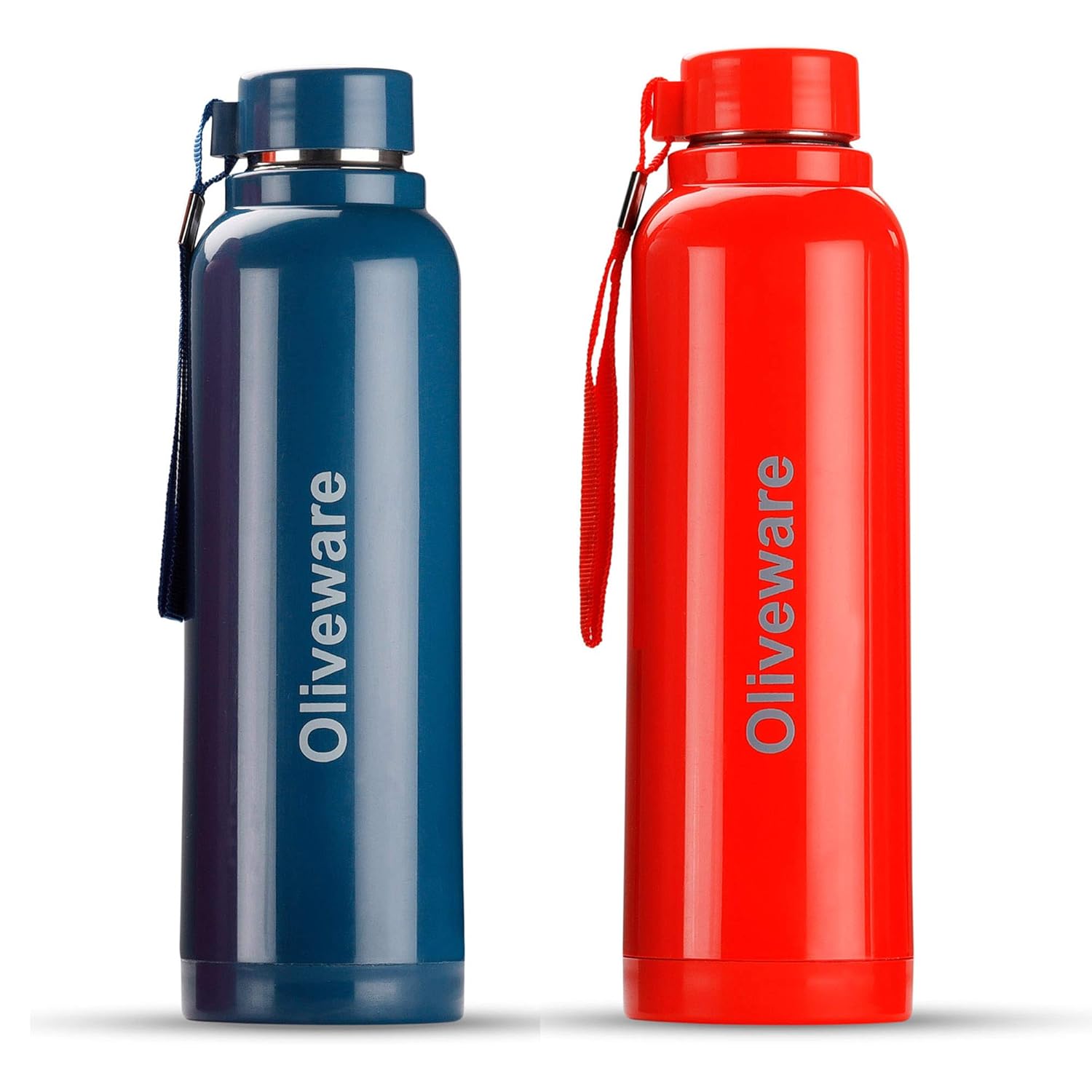 Oliveware Aura Insulated Steel Bottle | Pack of 2 - Blue & Red | Keep Hot & Cold for Long Hours | Fits Bags & Fridge | Strap for Easy Carry - 690ml