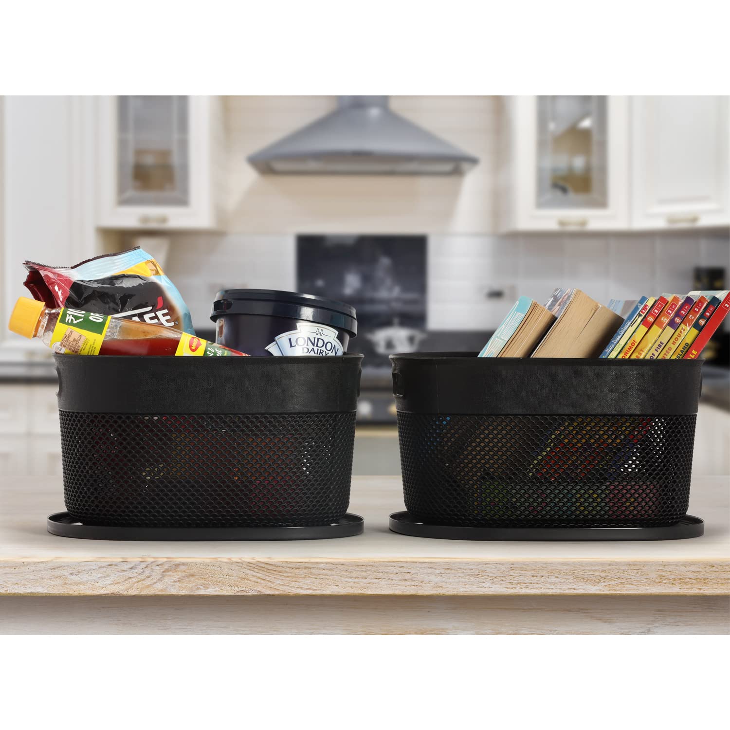 oliveware Bingo Basket BPA Free Stackable Storage Containers with Lids for Clothes & Toys, Set of 2 Big (5.2 L) Each - Black