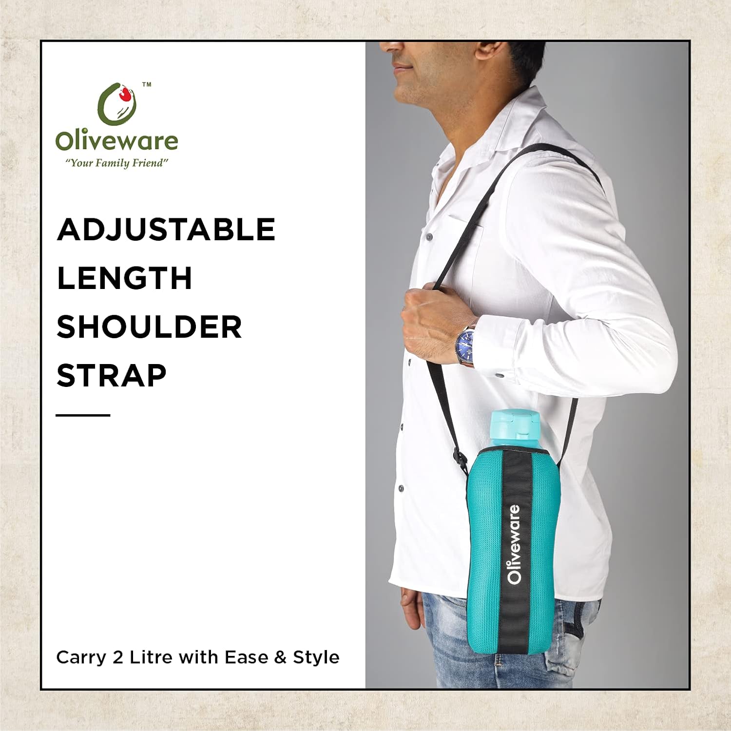 SOPL-OLIVEWARE Jumbo Water Bottle With Washable Carry Sleeve, Shoulder Strap, 2 Litre Bottle, BPA Free & Leak Proof, Fits in Fridge, Pack of 2 - Blue