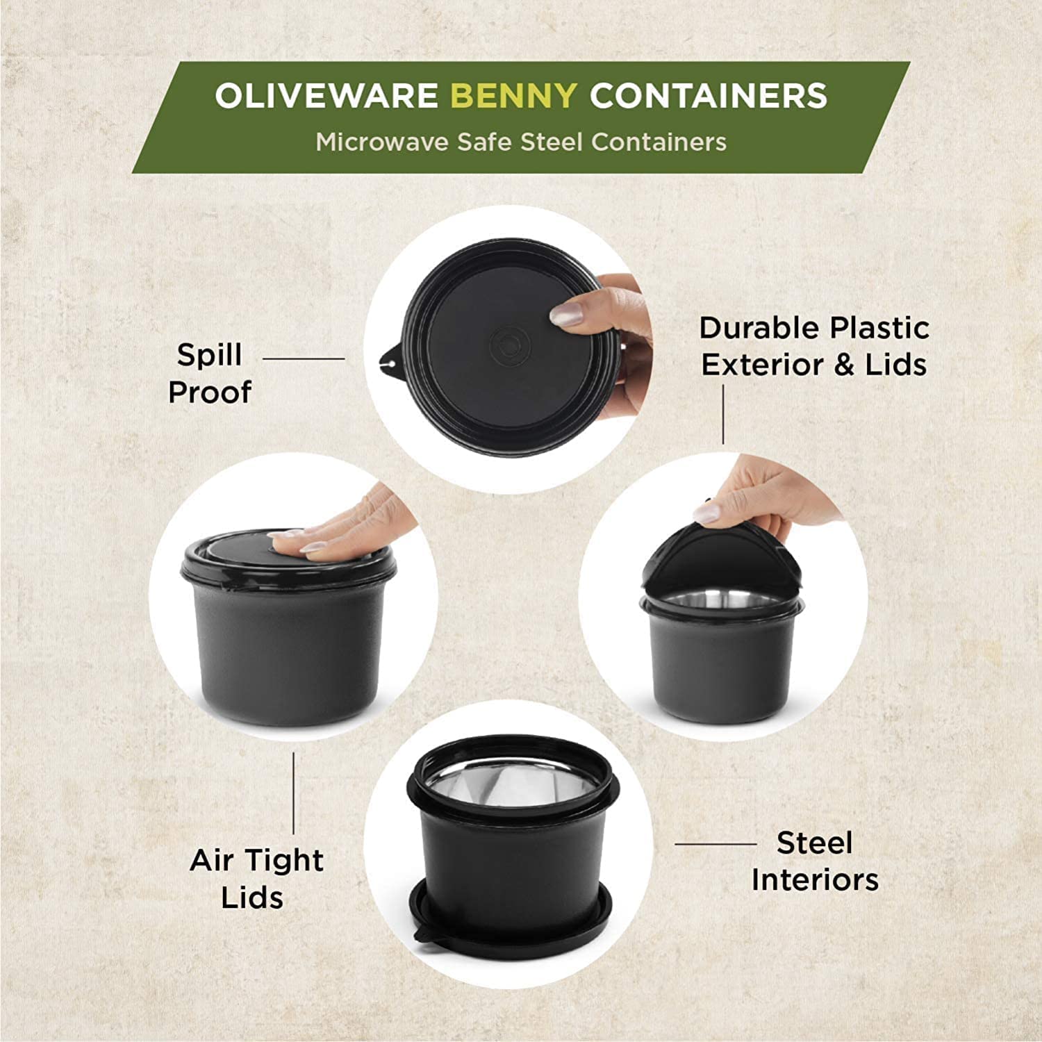 oliveware Benny Microwave Containers with BPA Free Airtight Lid, Stainless Steel Container, Leak Proof, Home & Office Use, Set of 2 (600ml) - Black