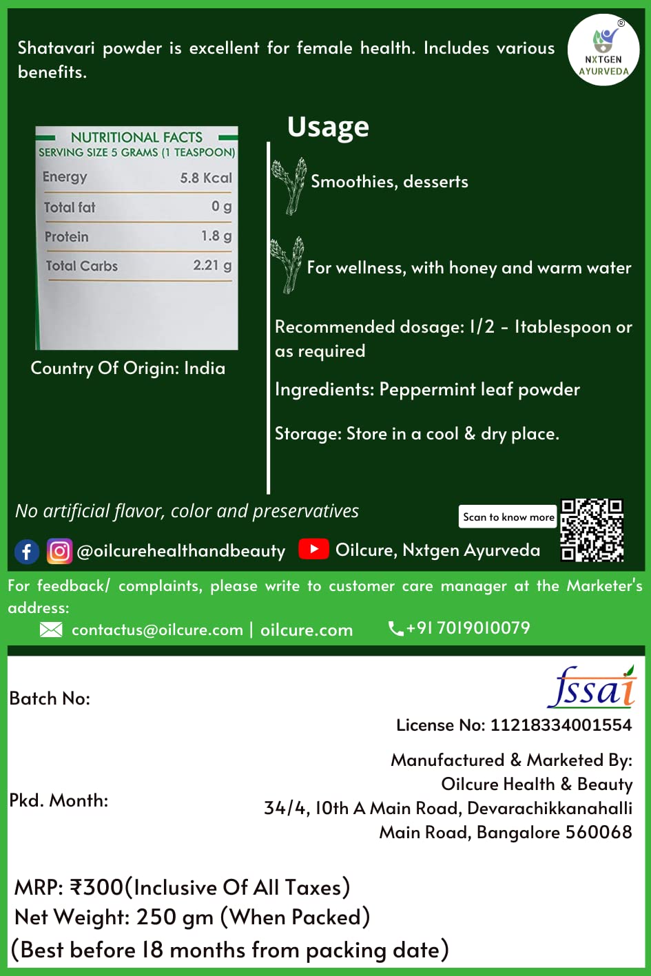 Nxtgen Ayurveda Shatavari Powder | 250 gm | Asparagus Racemosus