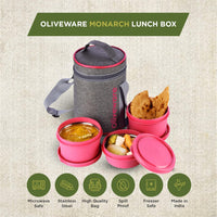 Oliveware Monarch Lunch Box, Microwave Safe & Leak Proof, 3 Inside Steel Containers with BPA Free Airtight Lids (290ml, 450ml & 450ml), Fabric Bag - Pink