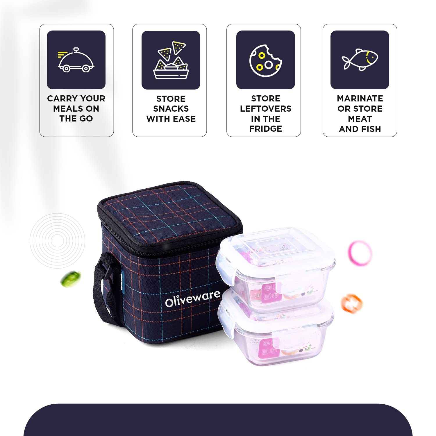 SOPL-OLIVEWARE Feast Glassware Square Lunchbox, Borosilicate Glass Containers, Microwave Safe & Leak Proof, 2 Containers with BPA Free Lids (320ml) Each - Blue