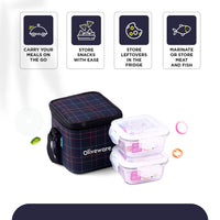 SOPL-OLIVEWARE Feast Glassware Square Lunchbox, Borosilicate Glass Containers, Microwave Safe & Leak Proof, 2 Containers with BPA Free Lids (320ml) Each - Blue