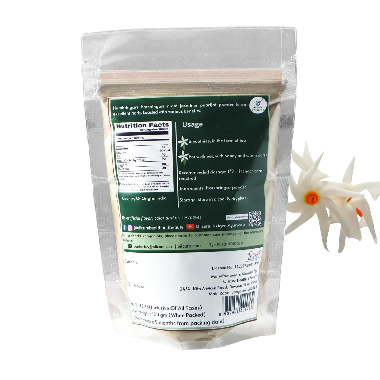 Nxtgen Ayurveda Harshringar Leaves Powder | Paarijat | 100 gms | Night Jasmine | Harsingar | Nyctanthes Arbor