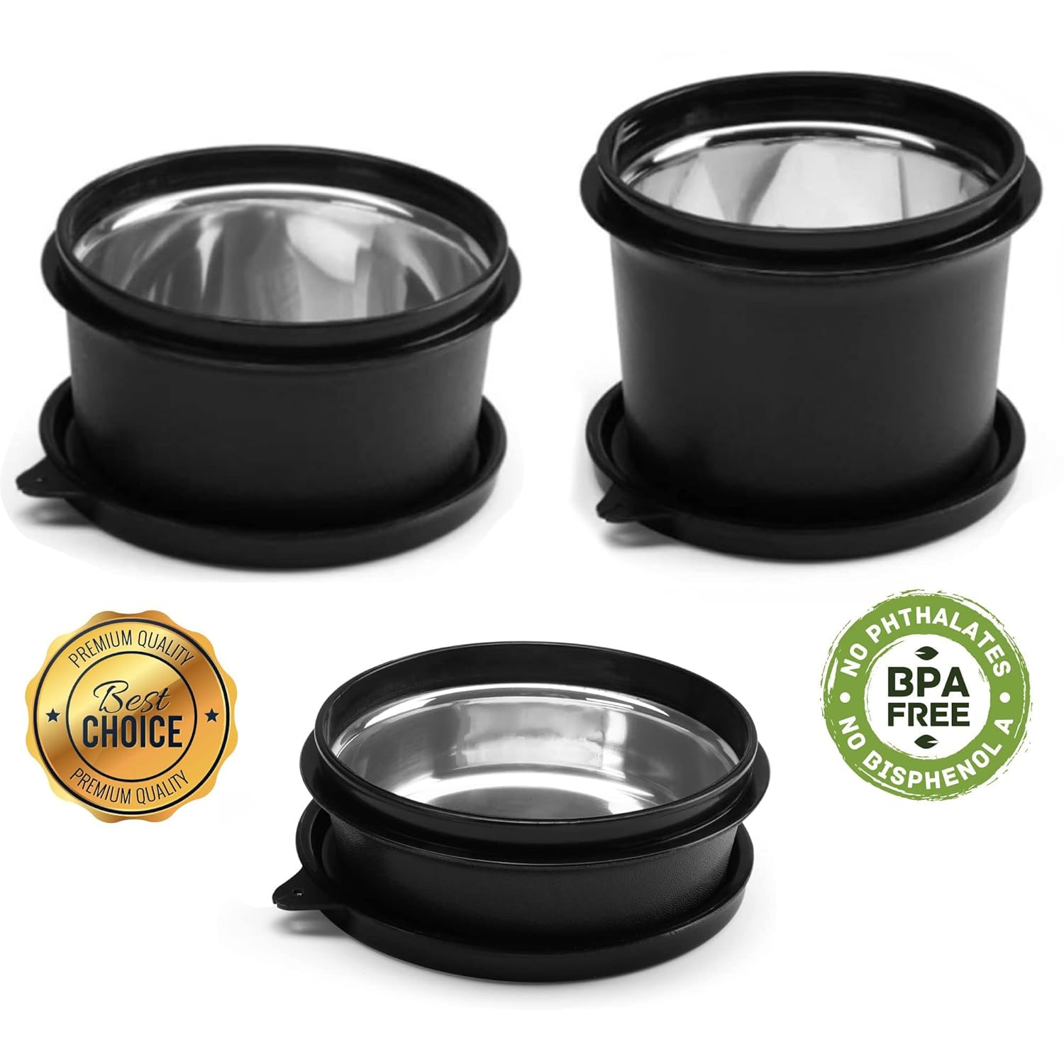 oliveware with Device Benny Microwave Containers with BPA Free Airtight Lid, Leak Proof, 3 Inner Steel Container (290 ml, 450 ml & 600 ml), Home & Office Use - Black, Plastic