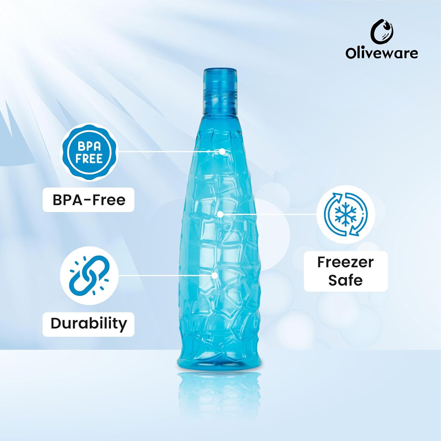 oliveware Stunning Range Premium PET Water Bottle With Better Grip, BPA Free & 100% Leak Proof, 1 Litre Bottle, For Home & Office Use, Pack of 6 - Blue