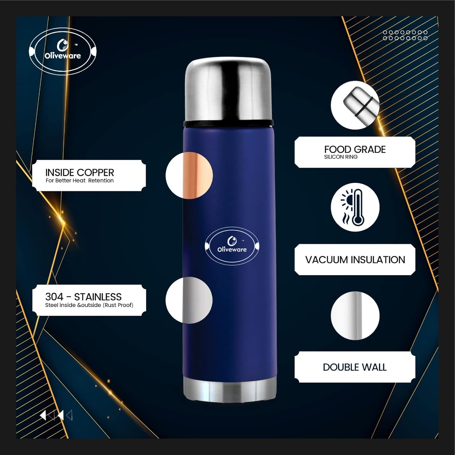 SOPL-OLIVEWARE Haze Vacuum Double Wall Bottle, Stainless Steel (750ml), Hot & Cold, Insulated Bottle, Fit for Indoor & Outdoors - Matt Blue