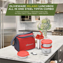 SOPL-OLIVEWARE Milano Lunch Box, Leak Proof, 3 Stainless Steel Containers with BPA Free Lids (300ml, 450ml, 600ml), Steel Spoon & Tumbler (400ml), Fabric Bag - Red