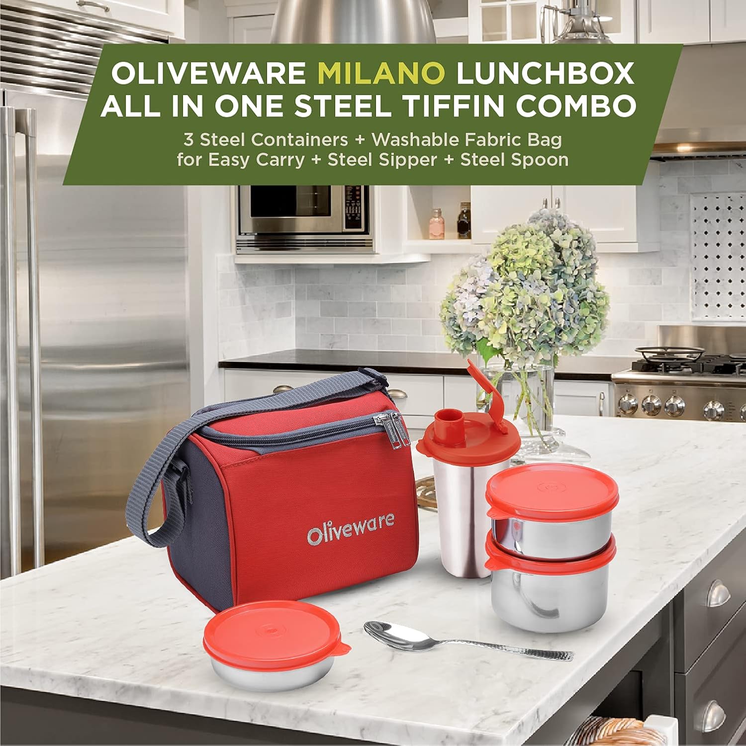 SOPL-OLIVEWARE Milano Lunch Box, Leak Proof, 3 Stainless Steel Containers with BPA Free Lids (300ml, 450ml, 600ml), Steel Spoon & Tumbler (400ml), Fabric Bag - Red