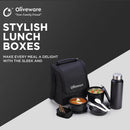 SOPL-OLIVEWARE Teso Lunch Box With Plastic Cutlery,3 Microwave Safe Inner Steel Containers With Bpa Free Lids(290Ml,450Ml&600Ml)Plastic Pickle Box(130Ml)Steel Water Bottle(750Ml)-Black,290 Milliliter