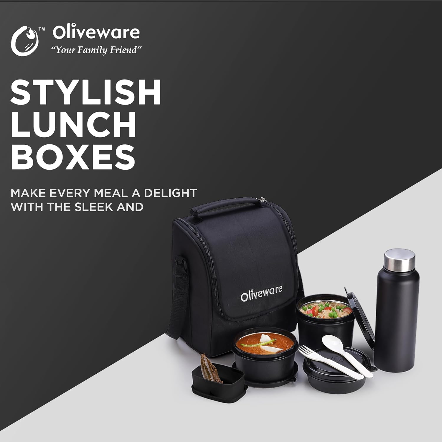SOPL-OLIVEWARE Teso Lunch Box With Plastic Cutlery,3 Microwave Safe Inner Steel Containers With Bpa Free Lids(290Ml,450Ml&600Ml)Plastic Pickle Box(130Ml)Steel Water Bottle(750Ml)-Black,290 Milliliter