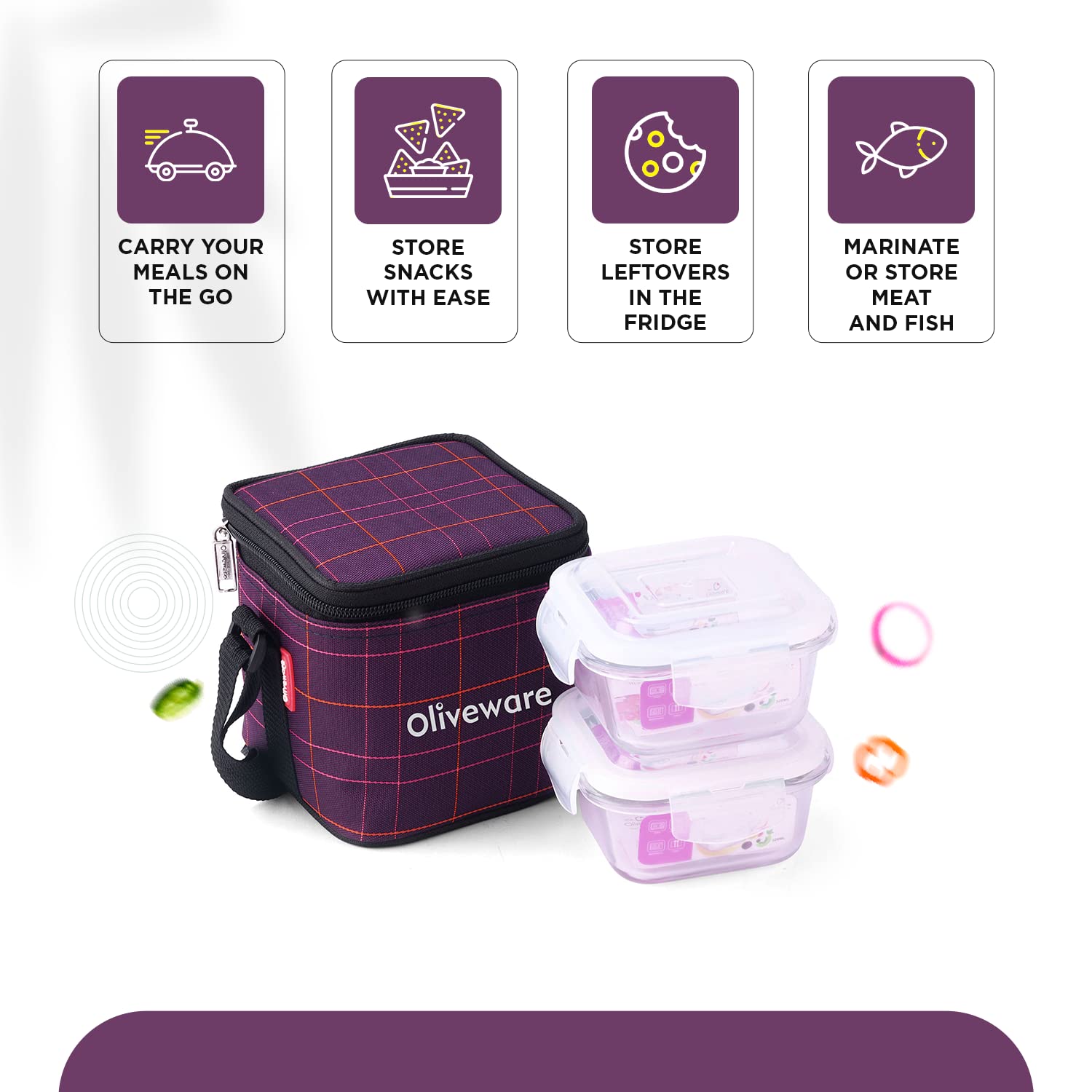 SOPL-OLIVEWARE Feast Glassware Square Lunchbox, Borosilicate Glass Containers, Microwave Safe & Leak Proof, 2 Containers with BPA Free Lids (320ml) Each - Voilet