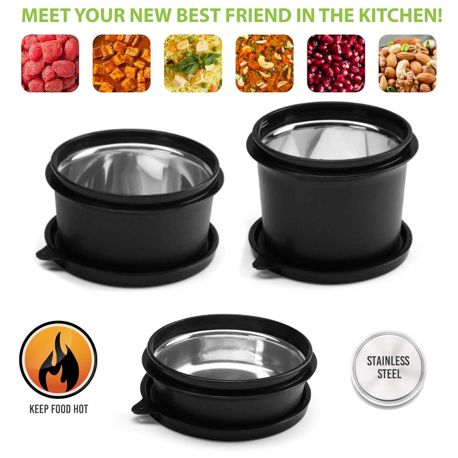 oliveware with Device Benny Microwave Containers with BPA Free Airtight Lid, Leak Proof, 3 Inner Steel Container (290 ml, 450 ml & 600 ml), Home & Office Use - Black, Plastic