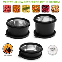 oliveware with Device Benny Microwave Containers with BPA Free Airtight Lid, Leak Proof, 3 Inner Steel Container (290 ml, 450 ml & 600 ml), Home & Office Use - Black, Plastic