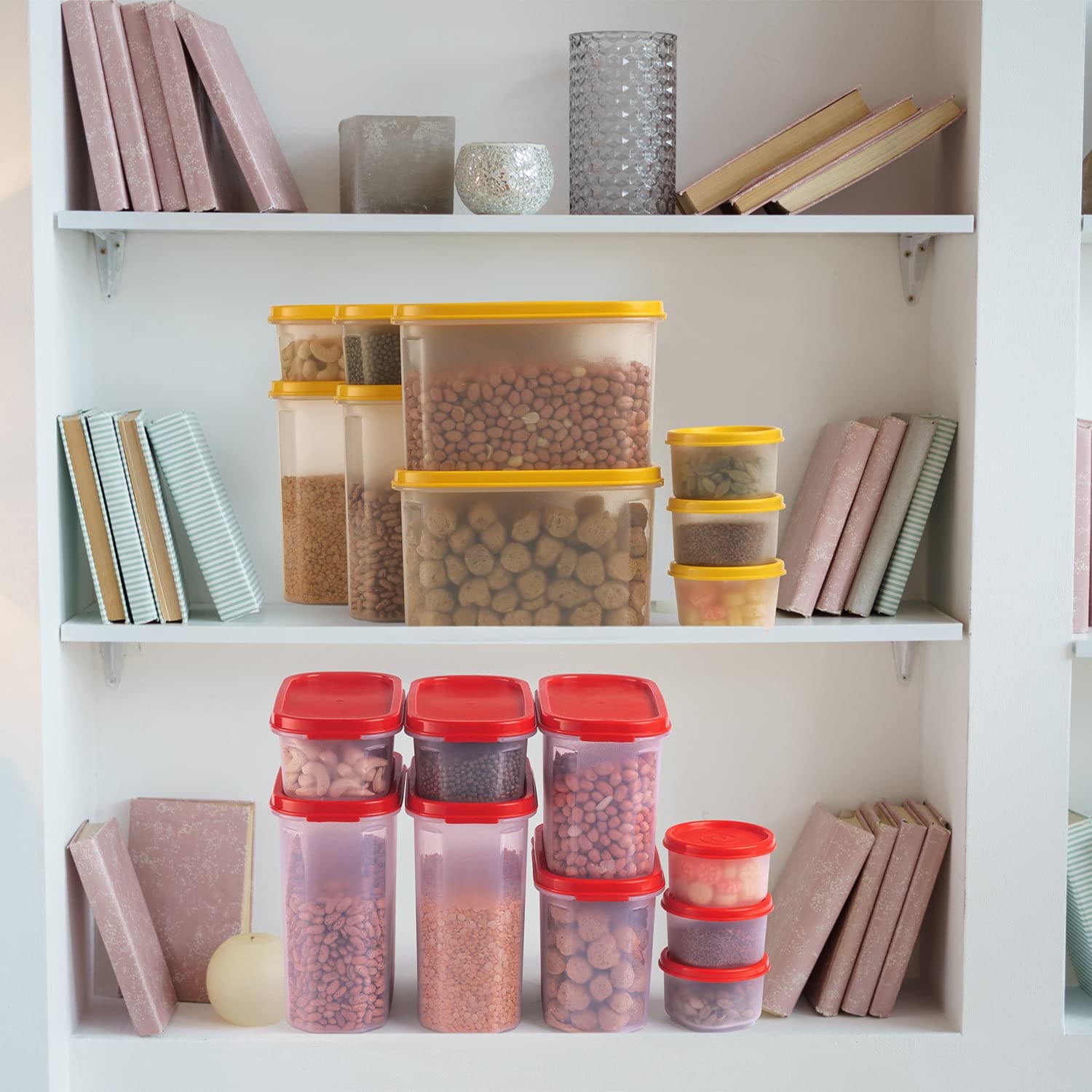 SOPL-OLIVEWARE Modular Storage Containers, BPA Free, For Pulses, Dal, Atta & Flour, Set of 9 (2x1800ml, 2x1200ml, 2x600ml, 3x180ml) - Yellow