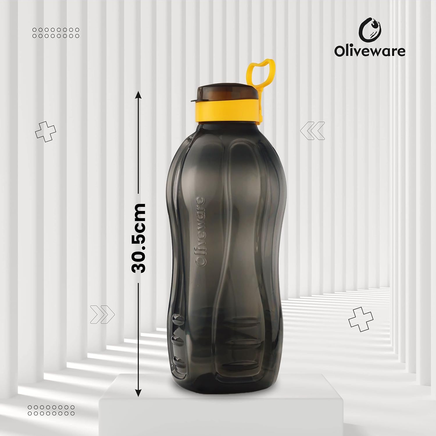 oliveware Jumbo 2 Litre Water Bottle | for Home, Office & Gym | Sturdy with Holder | 100% Leak Proof | BPA Free Premium Plastic Bottle- Pack of 1 (Black_Yellow)