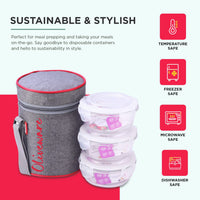 SOPL-OLIVEWARE Innox Glassware Lunchbox, Borosilicate Glass Containers, Microwave Safe & Leak Proof, 3 Containers with BPA Free Airtight Lids (400ml) Each - Red