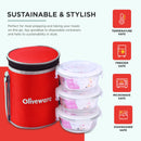 SOPL-OLIVEWARE Pebble Round Glassware Lunch Box, Borosilicate Glass, Leak Proof & Microwave Safe, 3 Containers (400ml) with BPA Free Lids - Red