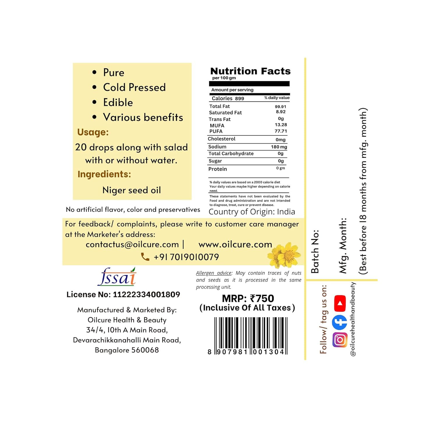 Oilcure Niger Seed Oil Cold Pressed - 500 ml