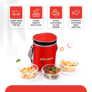 SOPL-OLIVEWARE Pebble Round Glassware Lunch Box, Borosilicate Glass, Leak Proof & Microwave Safe, 3 Containers (400ml) with BPA Free Lids - Red
