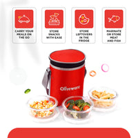SOPL-OLIVEWARE Pebble Round Glassware Lunch Box, Borosilicate Glass, Leak Proof & Microwave Safe, 3 Containers (400ml) with BPA Free Lids - Red
