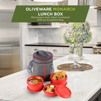 SOPL-OLIVEWARE Monarch Lunch Box, Microwave Safe & Leak Proof, 3 Inside Steel Containers with BPA Free Airtight Lids (290ml, 450ml & 450ml), Fabric Bag - Red