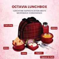 Oliveware Octavia Lunchbox, Microwave Safe, 2 Inside Steel containers (2x450ml), Plastic Pickle Box (130ml), Steel Bottle (450ml), Steel Cutlery & Napkin, Fabric Bag - Red