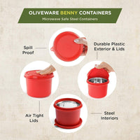 oliveware with Device Stainless Steel Benny Microwave Containers With Bpa Free Airtight Lid, Leak Proof, 3 Inner Steel Container (290 Ml, 450 Ml & 600 Ml), Home & Office Use - Red