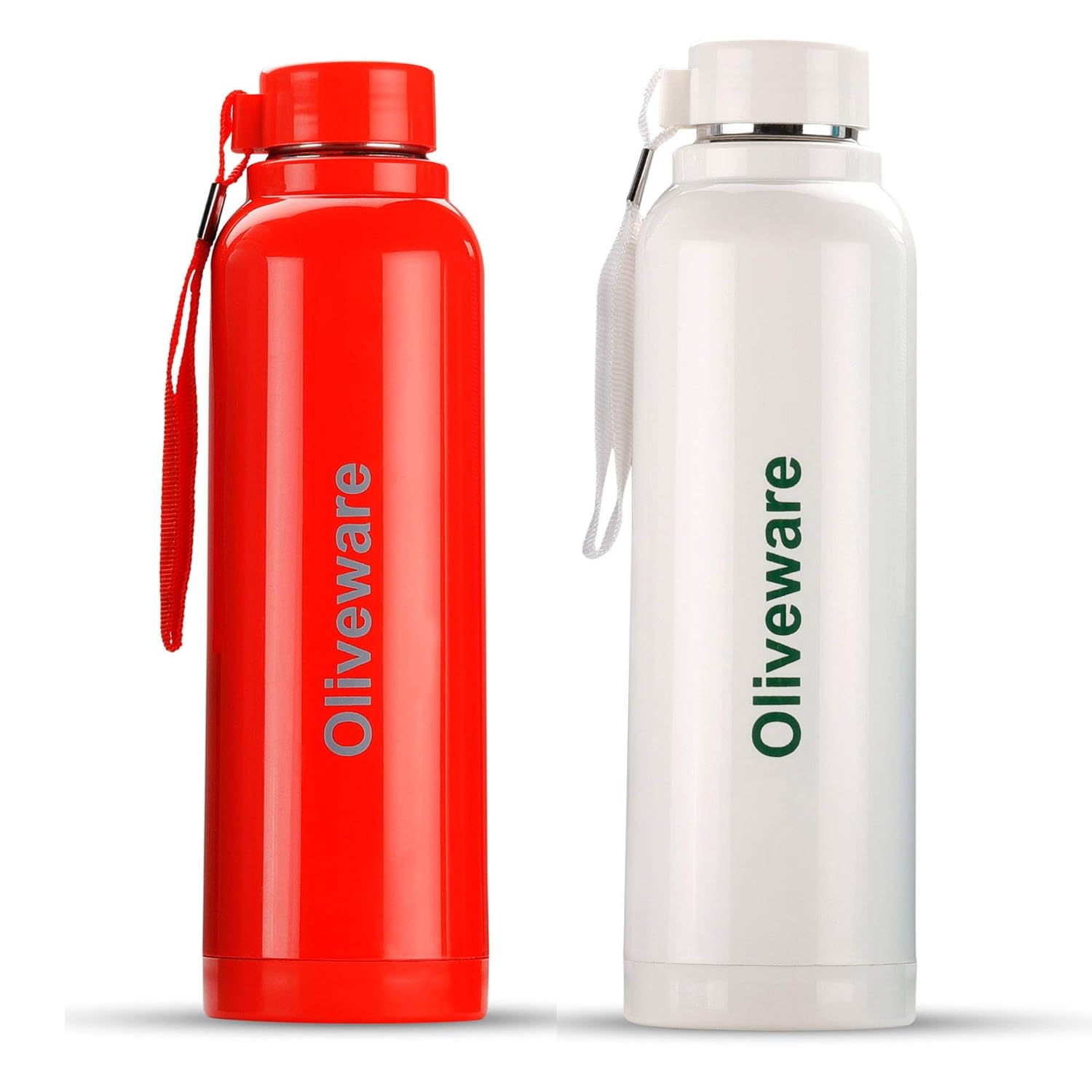 oliveware Aura Insulated Stainless Steel Bottle with Strap for Easy Carry (White and Red, 690ml) - Pack of 2