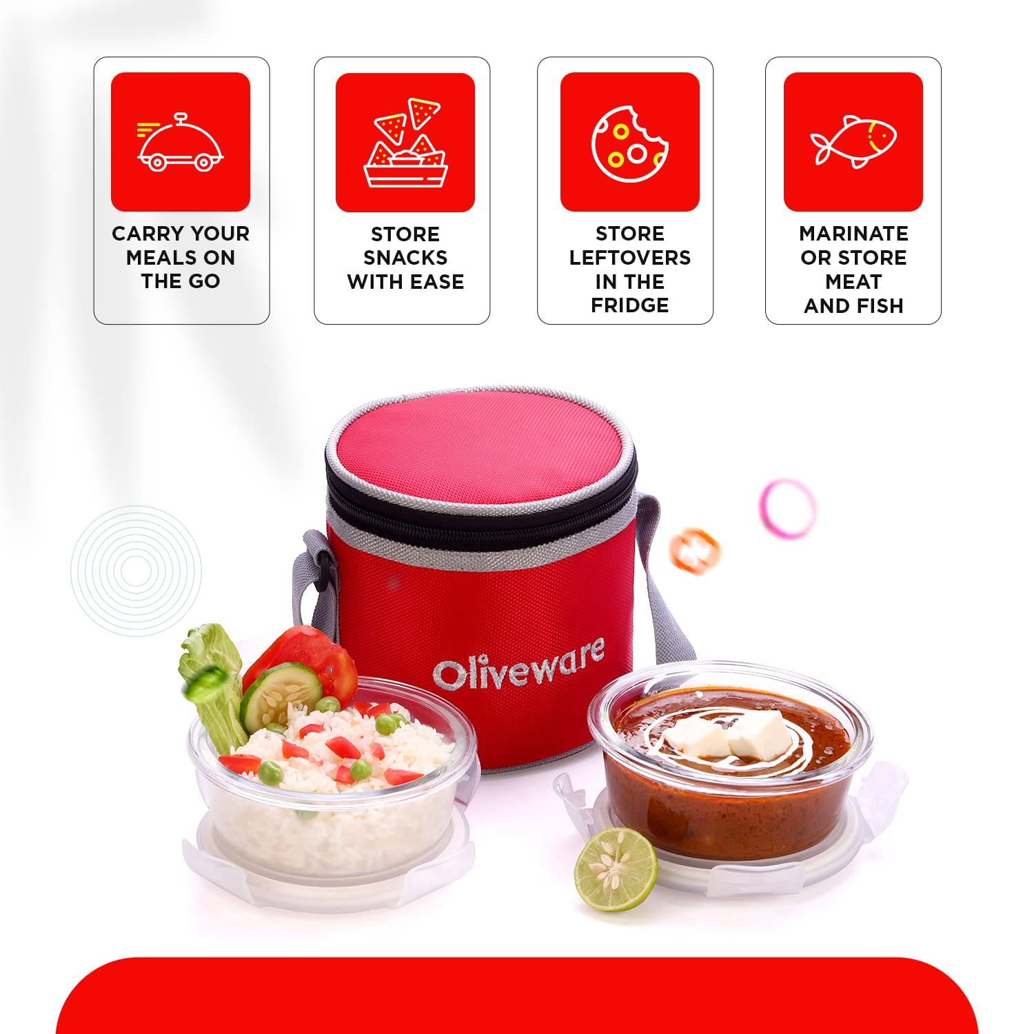 SOPL-OLIVEWARE Bold Glassware Lunchbox, Borosilicate Glass Containers, Microwave Safe & Leak Proof, Set of 2 with BPA Free Lid (400ml) Each - Red