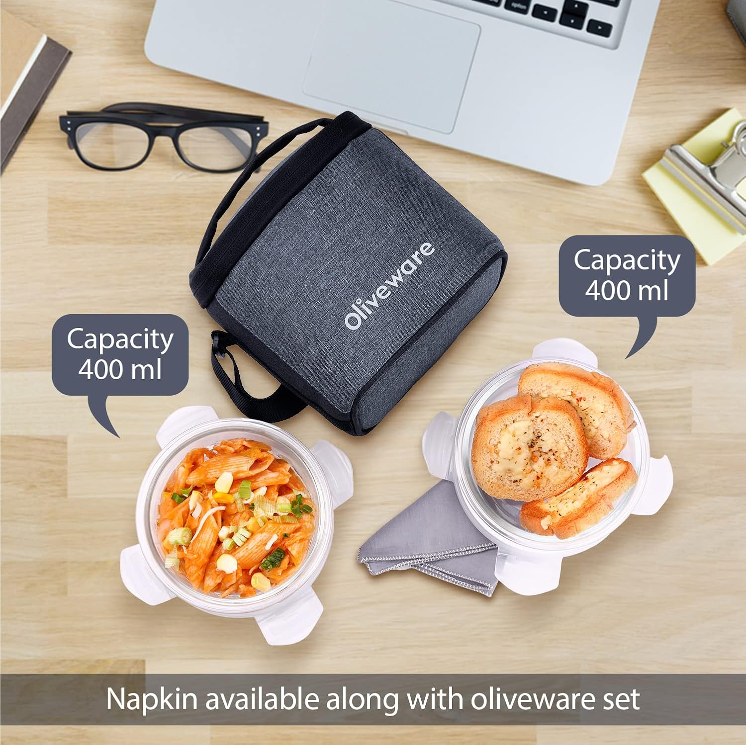 Oliveware Rio Glassware Round Lunchbox for Office | Borosilicate Glass | Microwave, Dishwasher & Freezer Safe | Set of 2 Leak Proof & Air Tight Containers | 320ml Each