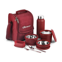 SOPL-OLIVEWARE Teso Pro Lunch Box With Steel Cutlery,3 Microwave Safe Inner Steel Containers With Bpa Free Lids(290Ml,450Ml,600Ml)Plastic Pickle Box(130Ml)Steel Water Bottle(750Ml)-Maroon,600 Ml