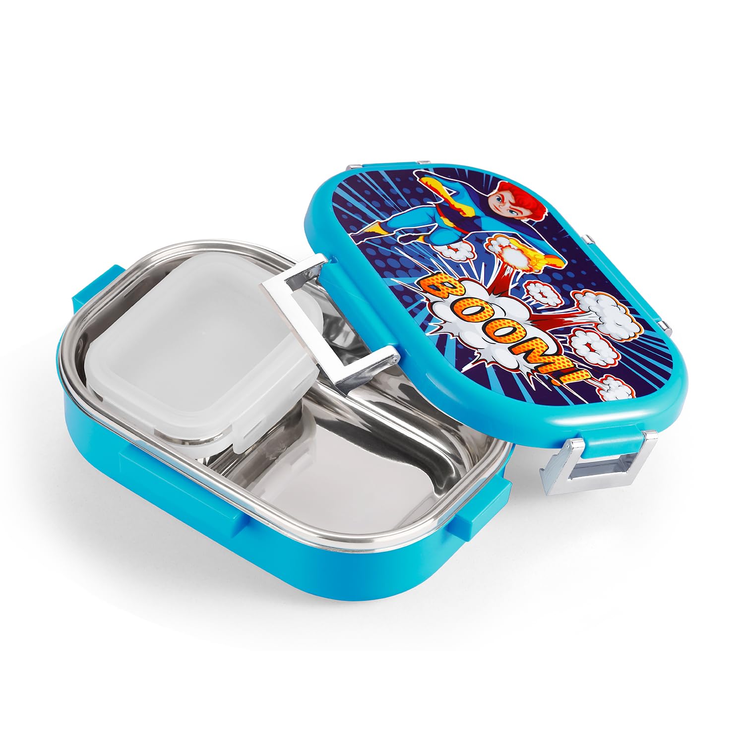 Oliveware Snacky Kids Lunch Box, Stainless Steel in 700ml Include Sabzi Container(180ml) & Steel Spoon, Food Grade BPA Free, Leak Proof & Colourful Designs (Blue)